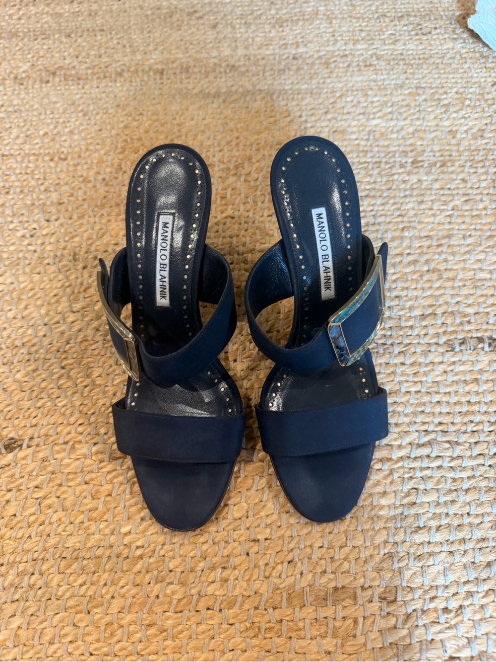 Manolo Blahnik Navy Suede Buckle Slide Mules